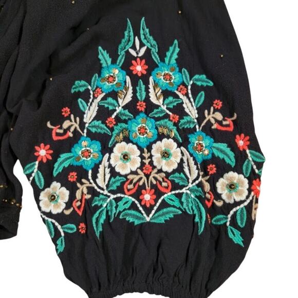 Floreat Anthropologie Embroidered Peasant Top Medium Black Bohemian Whimsigoth - Picture 6 of 11